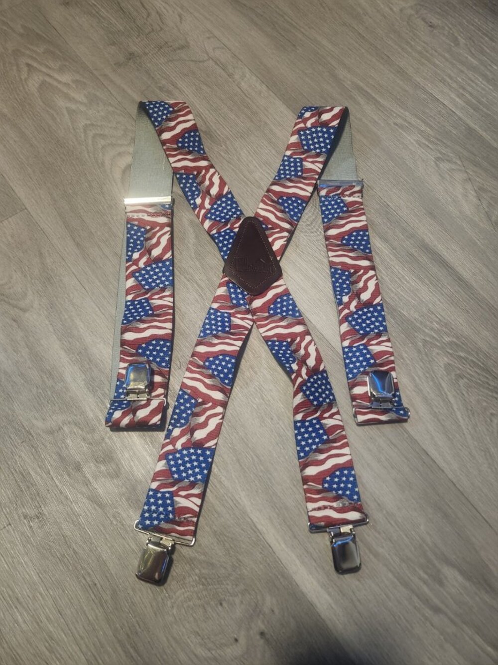 American Flag Hold Up Brand Clip Suspenders Red White Blue Patriotic USA EUC